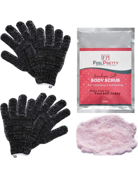 Juego de Guantes Exfoliantes y Exfoliante Sal del Himalaya 120g