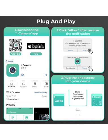 Cámara Borescopio HD Smartklik 5m IP67 con Luz LED Ajustable