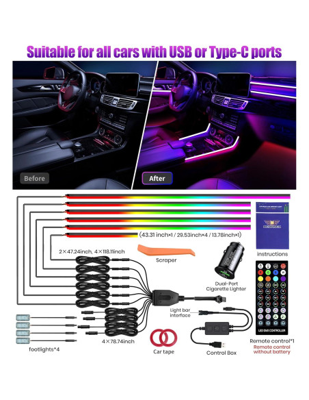 Kit de Iluminación Ambiental KENANEK 175 cm RGB con Control Remoto