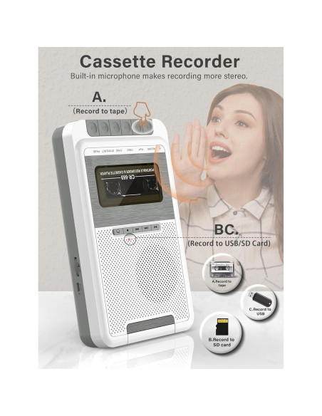 Reproductor de Cassettes Portátil Dingmi 669W Blanco - Graba en USB y TF