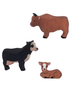 Juego de Animales de Granja de Madera 3 Piezas Toro Vaca Ternero