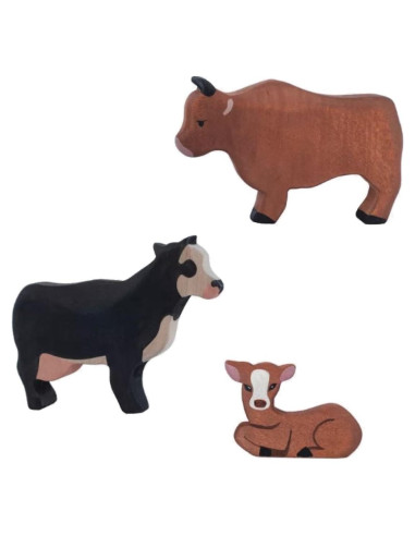 Juego de Animales de Granja de Madera 3 Piezas Toro Vaca Ternero