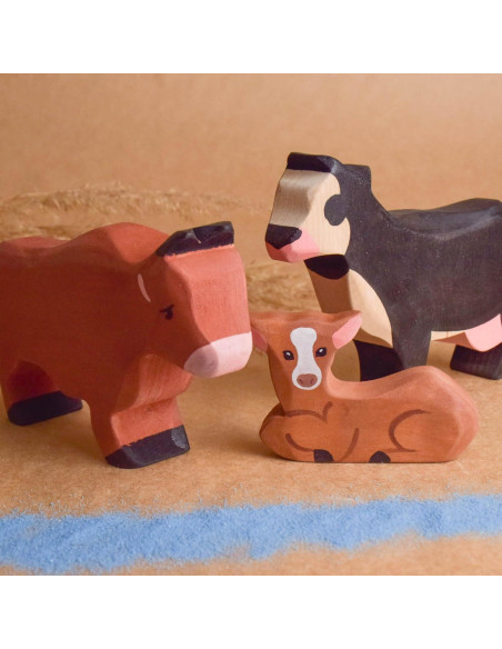 Juego de Animales de Granja de Madera 3 Piezas Toro Vaca Ternero