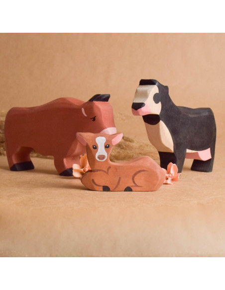 Juego de Animales de Granja de Madera 3 Piezas Toro Vaca Ternero