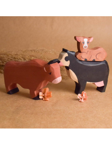 Juego de Animales de Granja de Madera 3 Piezas Toro Vaca Ternero