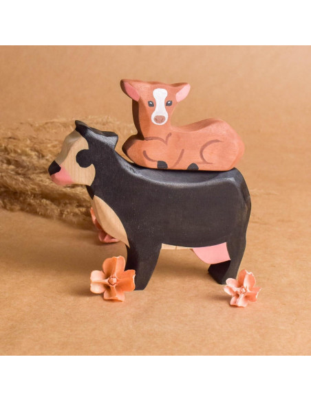 Juego de Animales de Granja de Madera 3 Piezas Toro Vaca Ternero