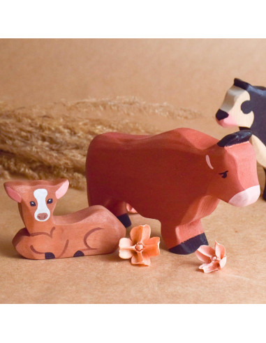 Juego de Animales de Granja de Madera 3 Piezas Toro Vaca Ternero