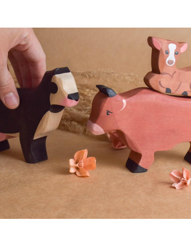 Juego de Animales de Granja de Madera 3 Piezas Toro Vaca Ternero