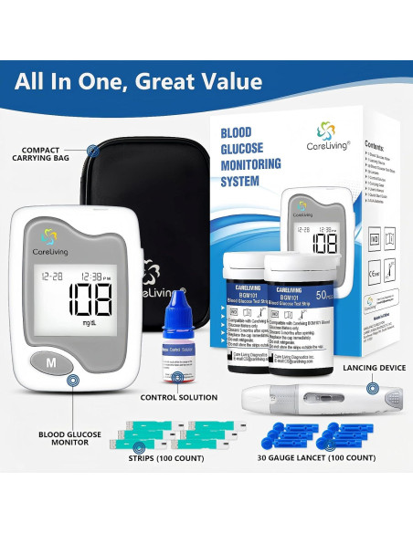 Kit de Glucometro Careliving BGM101 con 100 Tiras y Lancetas Kit de Glucometro Careliving BGM101 con 100 Tiras y Lancetas
