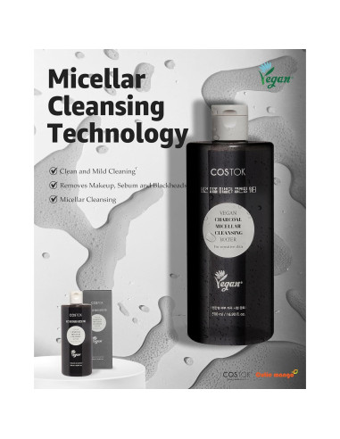 Agua Micelar Vegana COSTOK 500ml Carbón Tallo Ficus-Indica