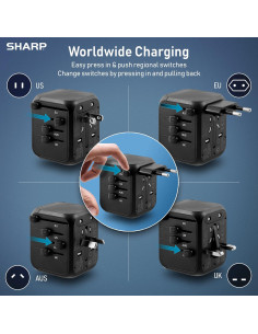 Adaptador de Viaje Universal SHARP con 4 Puertos USB - Negro 2
