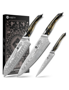 Juego de Cuchillos de Damasco 3 PCS ASETY - Chef, Santoku, Utilitario