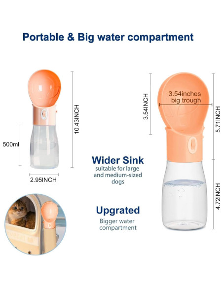 Botella de Agua para Perros ARMLULU 500ml Naranja a Prueba de Fugas