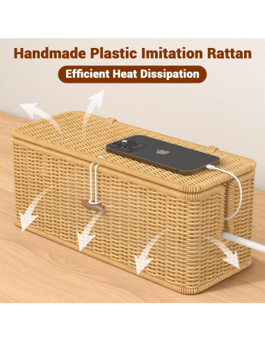 Caja Organizador de Cables de Ratán Natural con Tapa Segura