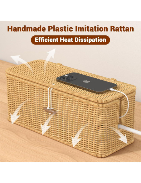 Caja Organizador de Cables de Ratán Natural con Tapa Segura