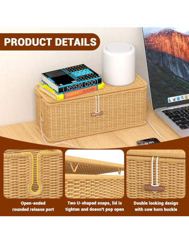 Caja Organizador de Cables de Ratán Natural con Tapa Segura