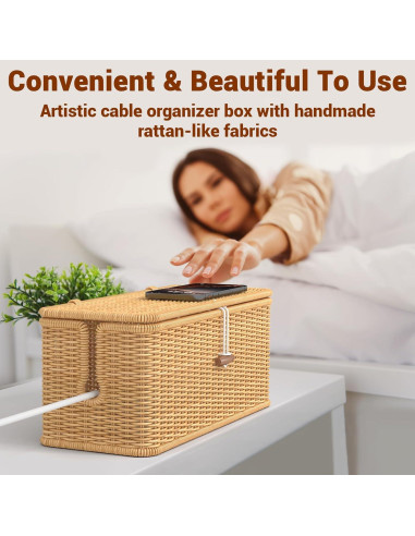 Caja Organizador de Cables de Ratán Natural con Tapa Segura