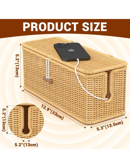 Caja Organizador de Cables de Ratán Natural con Tapa Segura