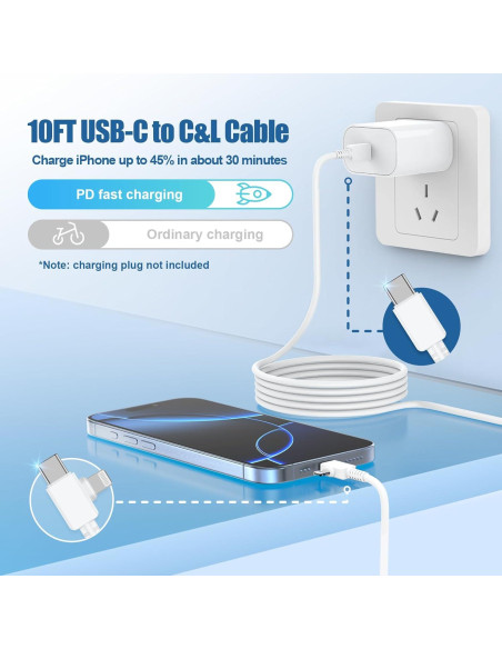 Cable de carga rápida USB C 2 en 1 para iPhone 3m - ZYH-J15