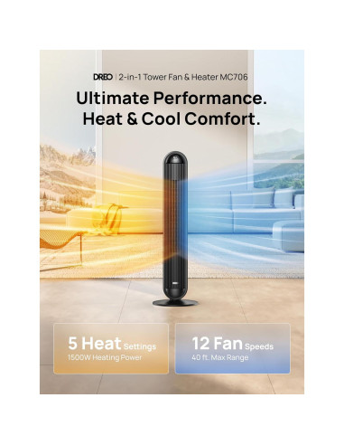 Calefactor Dreo 42" Eléctrico PTC con Control Remoto y Oscilación