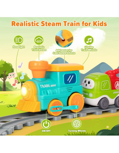 Juego de tren eléctrico Ellinjan con luces y vapor para niños