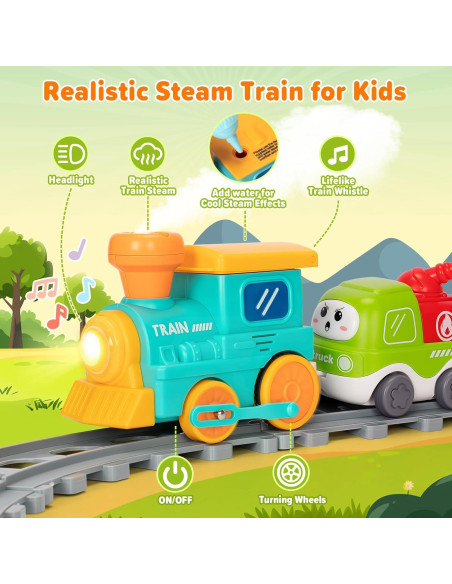 Juego de tren eléctrico Ellinjan con luces y vapor para niños