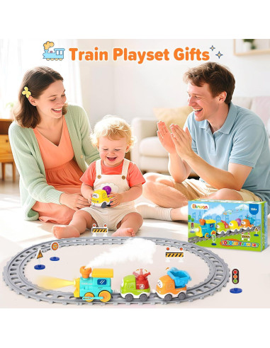 Juego de tren eléctrico Ellinjan con luces y vapor para niños