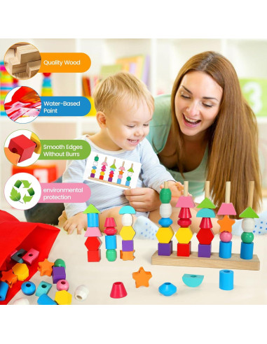 Juguetes Montessori Aoumi para Niños 2-4 Años - Emparejamiento de Formas y Cuentas de Madera