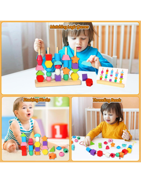 Juguetes Montessori Aoumi para Niños 2-4 Años - Emparejamiento de Formas y Cuentas de Madera