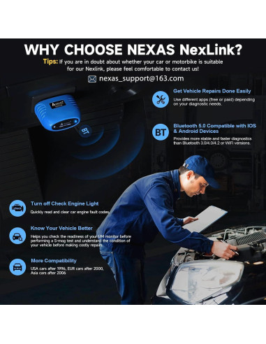 Escáner OBD2 Bluetooth NEXAS NexLINK para Automóviles y Motos