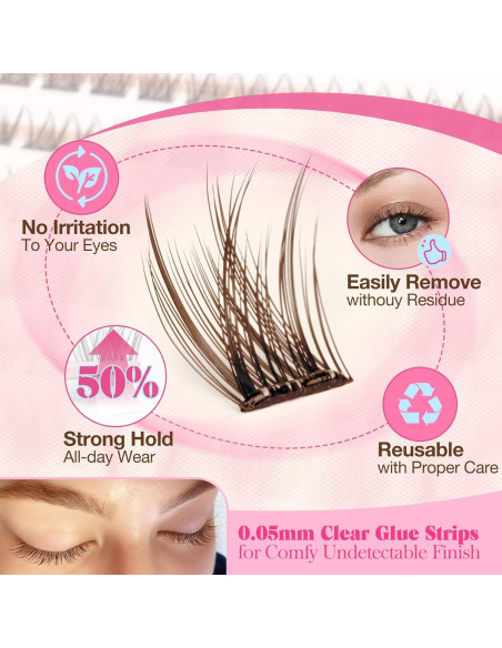 Grupos de Pestañas Autoadhesivas Yawamica Marrón 8-14mm Reutilizables