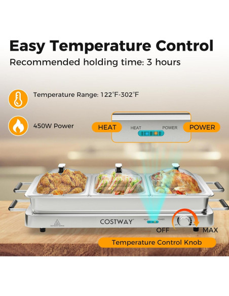 Buffet Calentador Eléctrico COSTWAY 450W 8 Qt 3 Bandejas