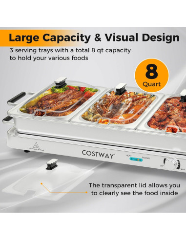 Buffet Calentador Eléctrico COSTWAY 450W 8 Qt 3 Bandejas