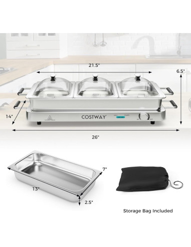 Buffet Calentador Eléctrico COSTWAY 450W 8 Qt 3 Bandejas