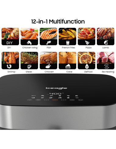 Freidora de Aire Iceagle 9 Qt Acero Inoxidable 1700W 12 en 1