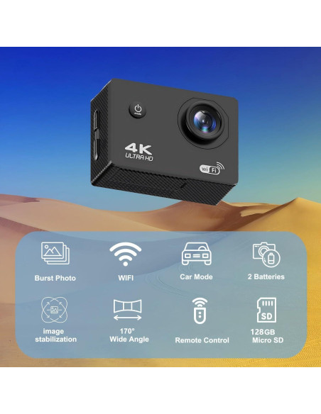 Cámara de acción 4K Uoklohiu D800S con 128GB y accesorios Cámara de acción 4K Uoklohiu D800S con 128GB y accesorios