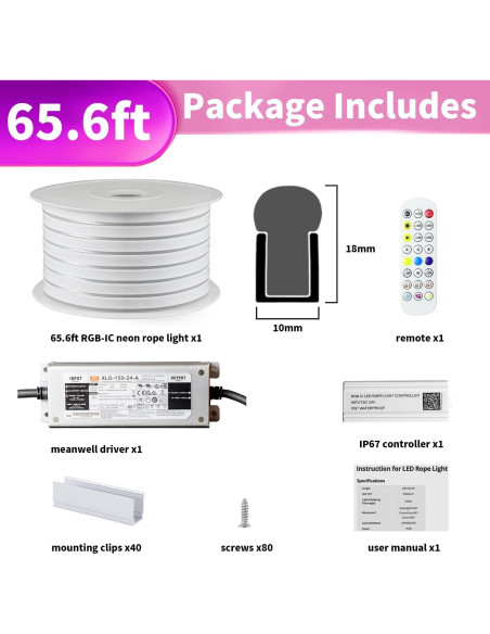 Luces de Cuerda Neón MEIYING 20m RGB-IC LED IP67 Control APP