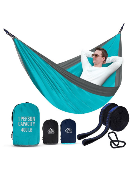 Hamaca de Camping Vigel - Nylon 210T - 274 cm x 137 cm - Gris y Azul