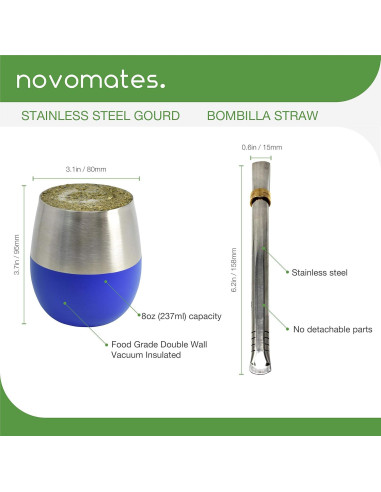Juego de Taza de Mate Novomates Azul 8oz Acero Inoxidable