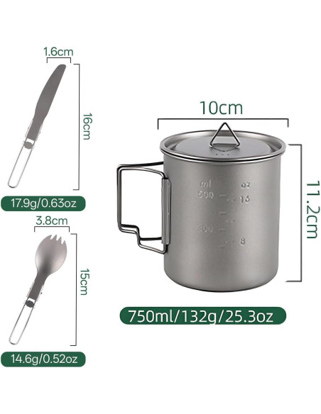 Kit de Camping Titanio Dynara 750ml - Olla, Estufa y Cubiertos