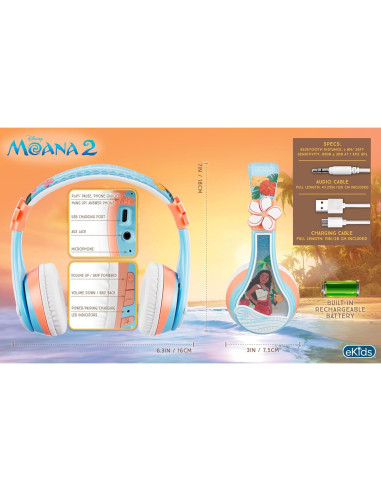 Auriculares Bluetooth Moana KIDdesigns para Niños - 45h Batería