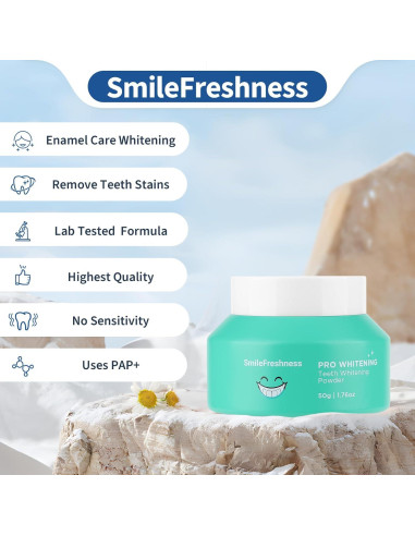 Polvo Blanqueador Dental SmileFreshness 50g - Dientes Sensibles, Menta