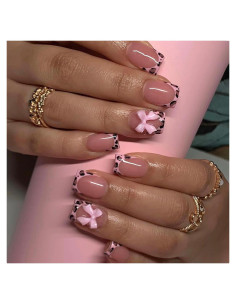 24 Uñas Postizas Francesas BSBTBZ con Lazo Rosa Brillante
