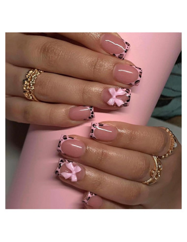 24 Uñas Postizas Francesas BSBTBZ con Lazo Rosa Brillante