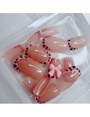 24 Uñas Postizas Francesas BSBTBZ con Lazo Rosa Brillante