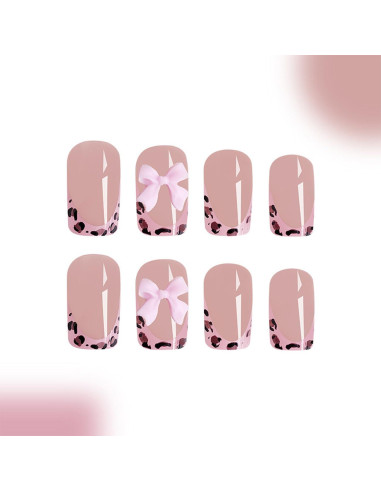 24 Uñas Postizas Francesas BSBTBZ con Lazo Rosa Brillante