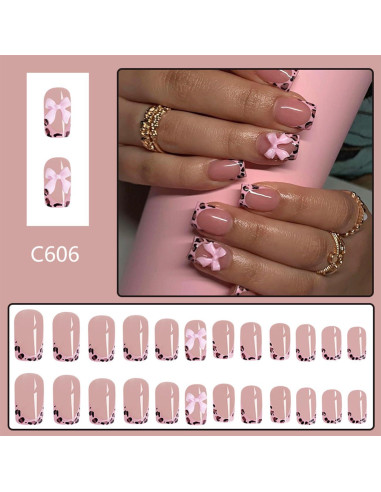 24 Uñas Postizas Francesas BSBTBZ con Lazo Rosa Brillante
