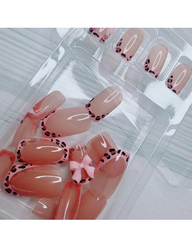 24 Uñas Postizas Francesas BSBTBZ con Lazo Rosa Brillante