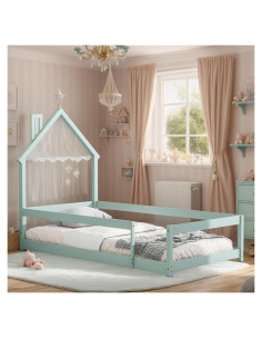Cama Twin Montessori AYJOIR con Cabecera Casa Verde Claro