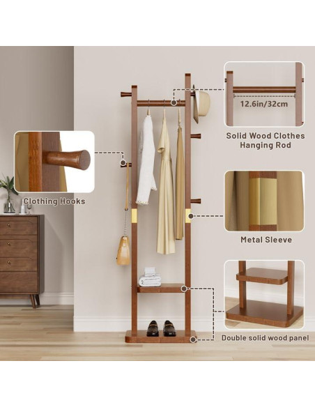 Perchero Independiente Taitiy de Madera Sólida con 5 Ganchos